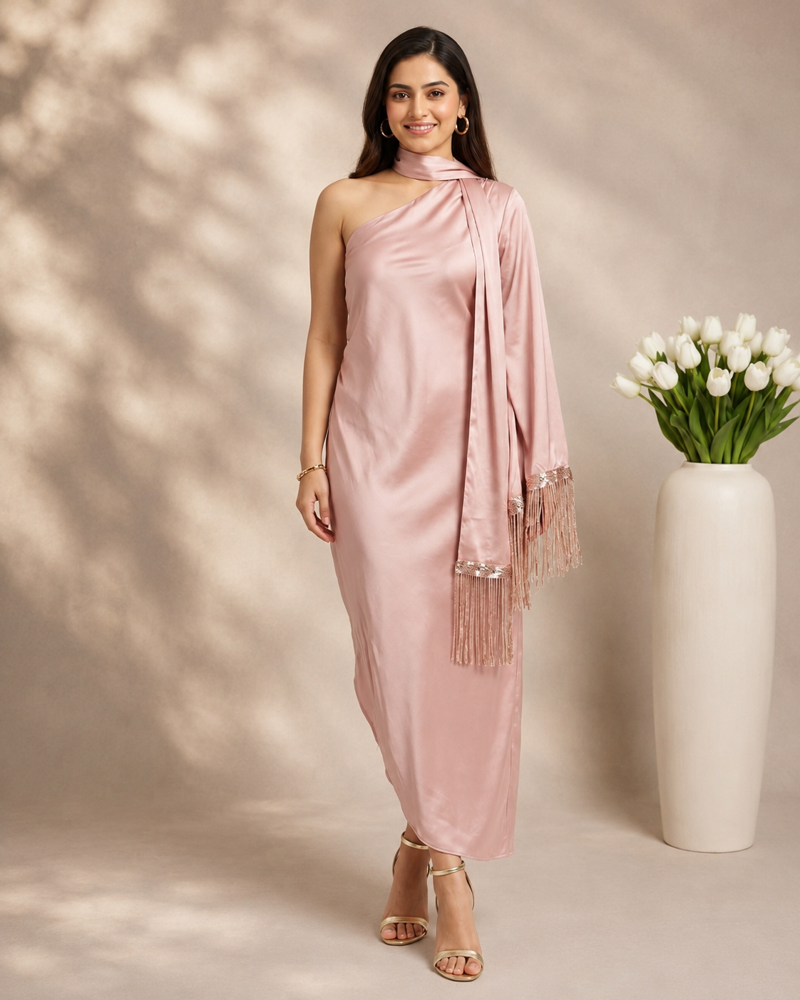 SANDRA ONE SHOULDER FRINGED SCARF DRESS - CHAMPAGNE