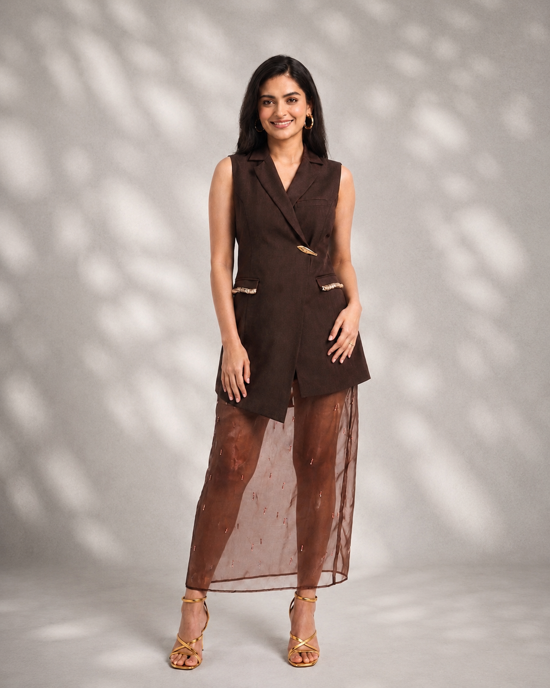 EVA BLAZER DRESS WITH SHEER SKIRT - BROWN