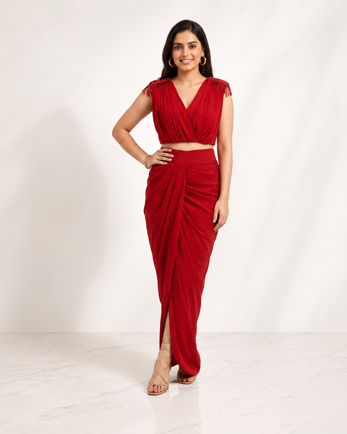 DIYA DRAPED SKIRT SET - RED
