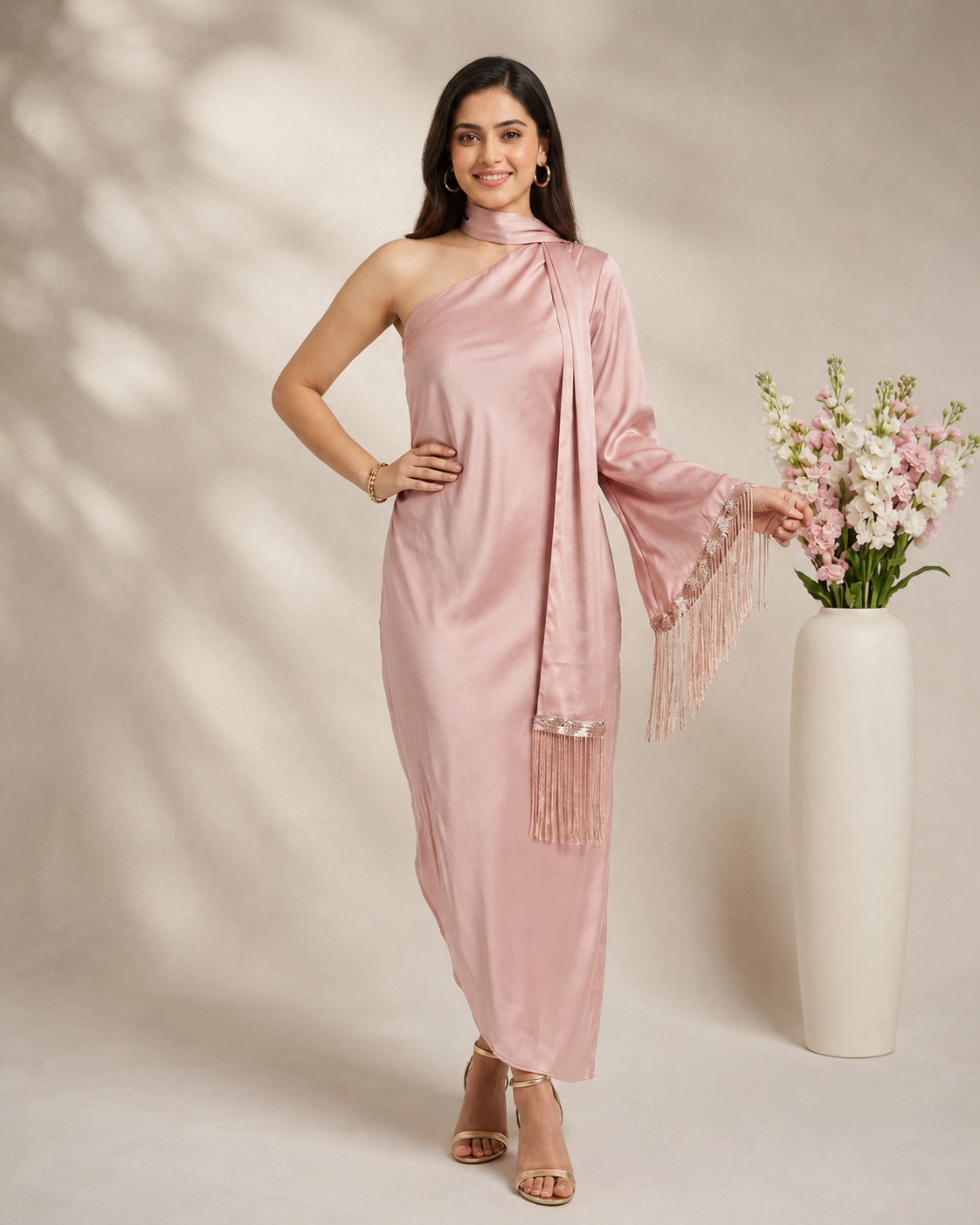 SANDRA ONE SHOULDER FRINGED SCARF DRESS - CHAMPAGNE