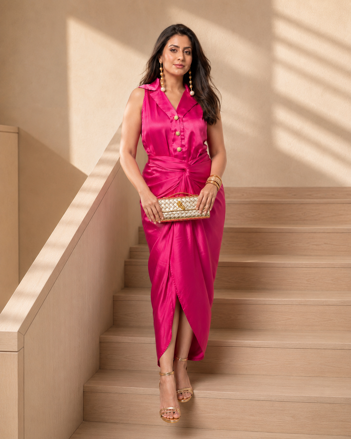 VEE DRAPE DRESS - HOT PINK