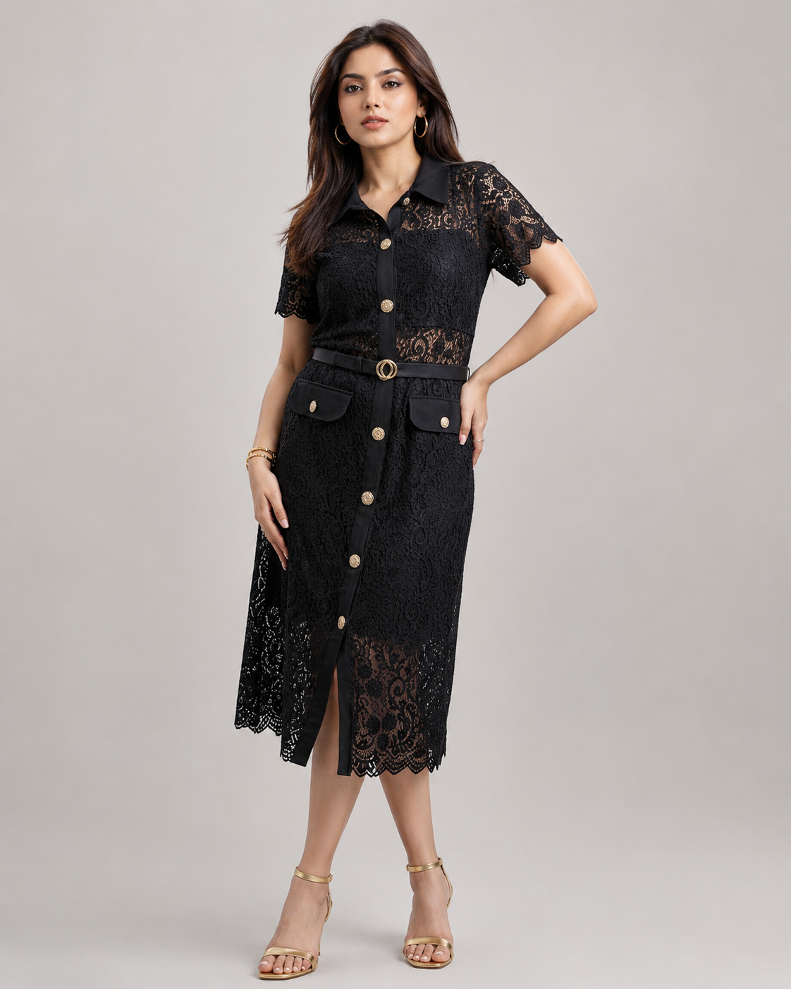 LISA LACE MIDI DRESS - Black