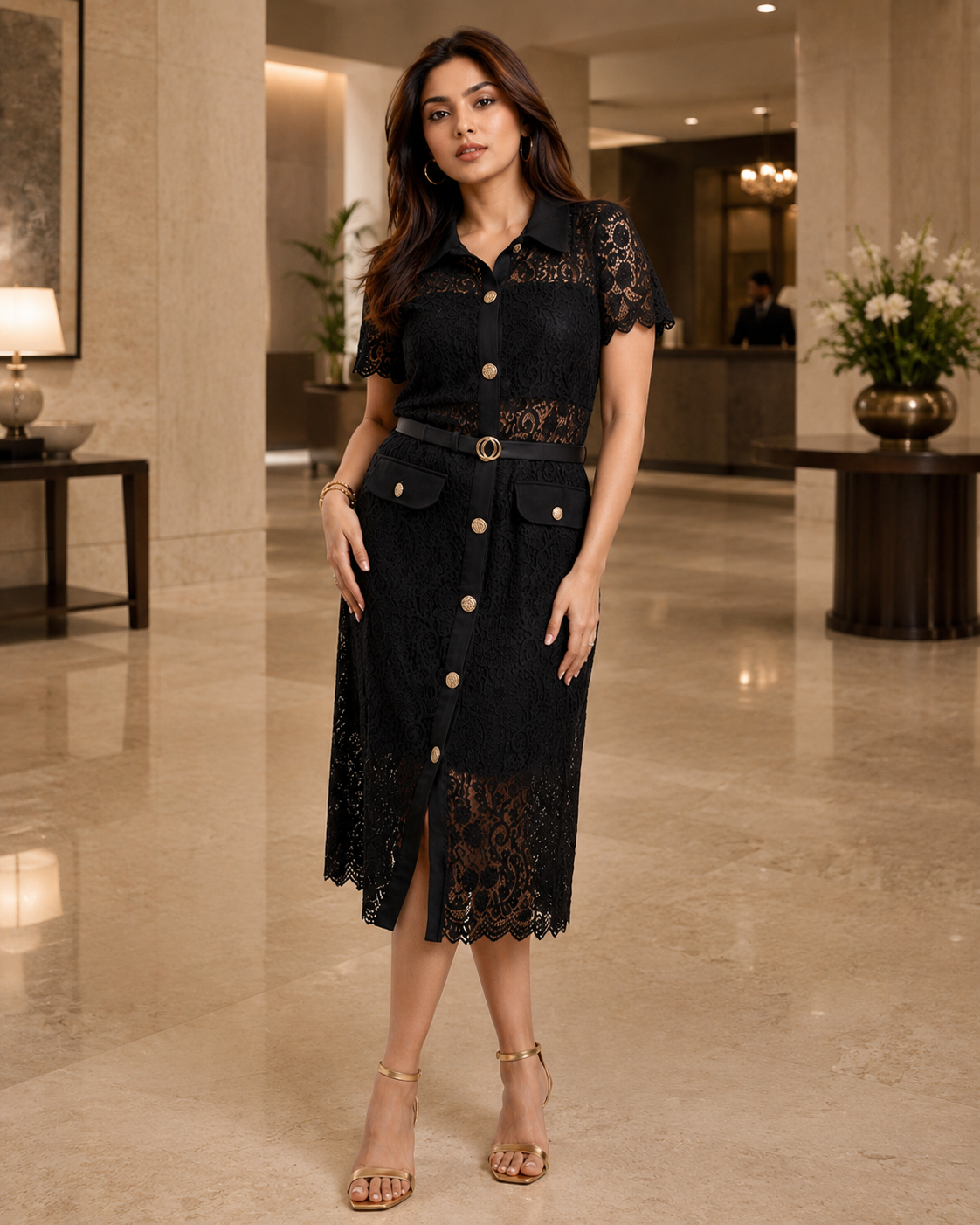 LISA LACE MIDI DRESS - Black