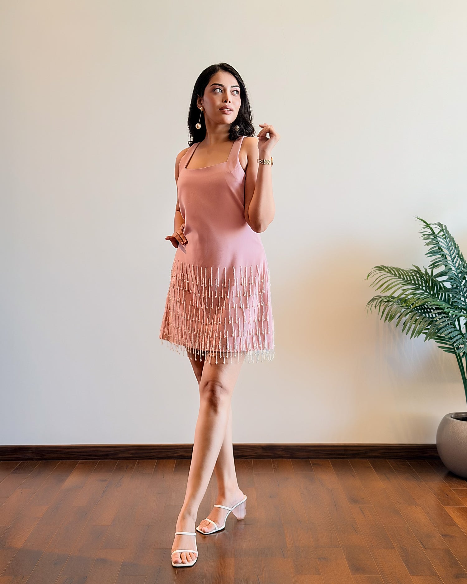 VEE PEARL TASSELS DRESS - Nude Rose Pink