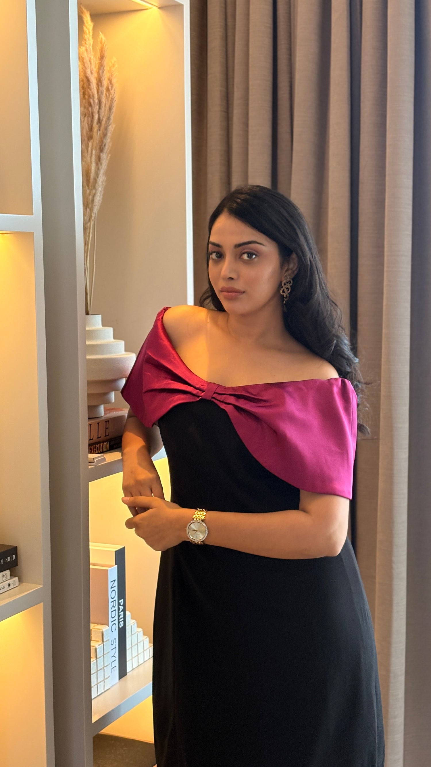 BELLA OFF SHOULDER SIGNATURE DRESS - BLACK + WINE