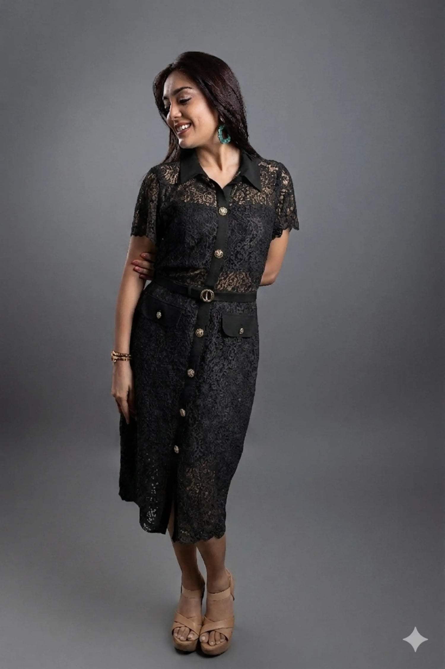 LISA LACE MIDI DRESS WITH BELT