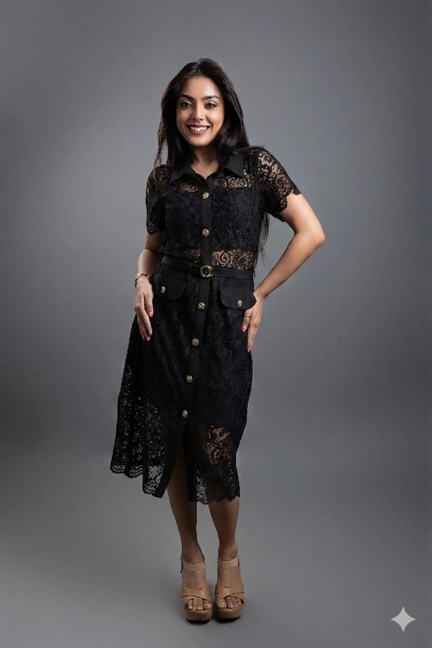 LISA LACE MIDI DRESS WITH BELT