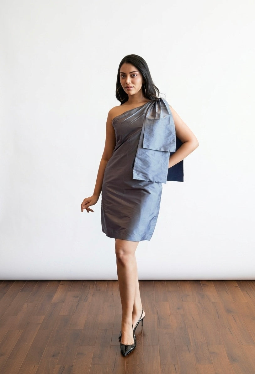 BELLA ONE SHOULDER BOW DRESS - Greyish Blue