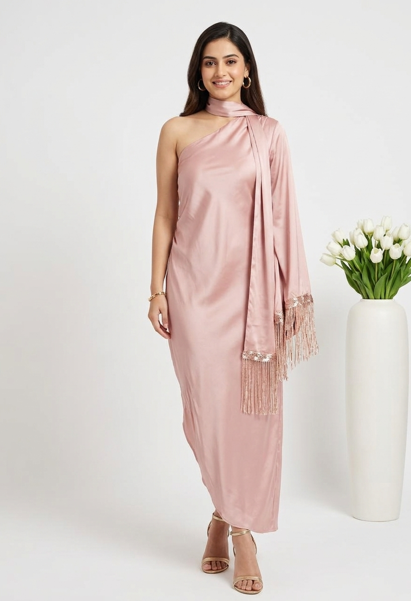 SANDRA ONE SHOULDER SCARF DRESS WITH FRINGES