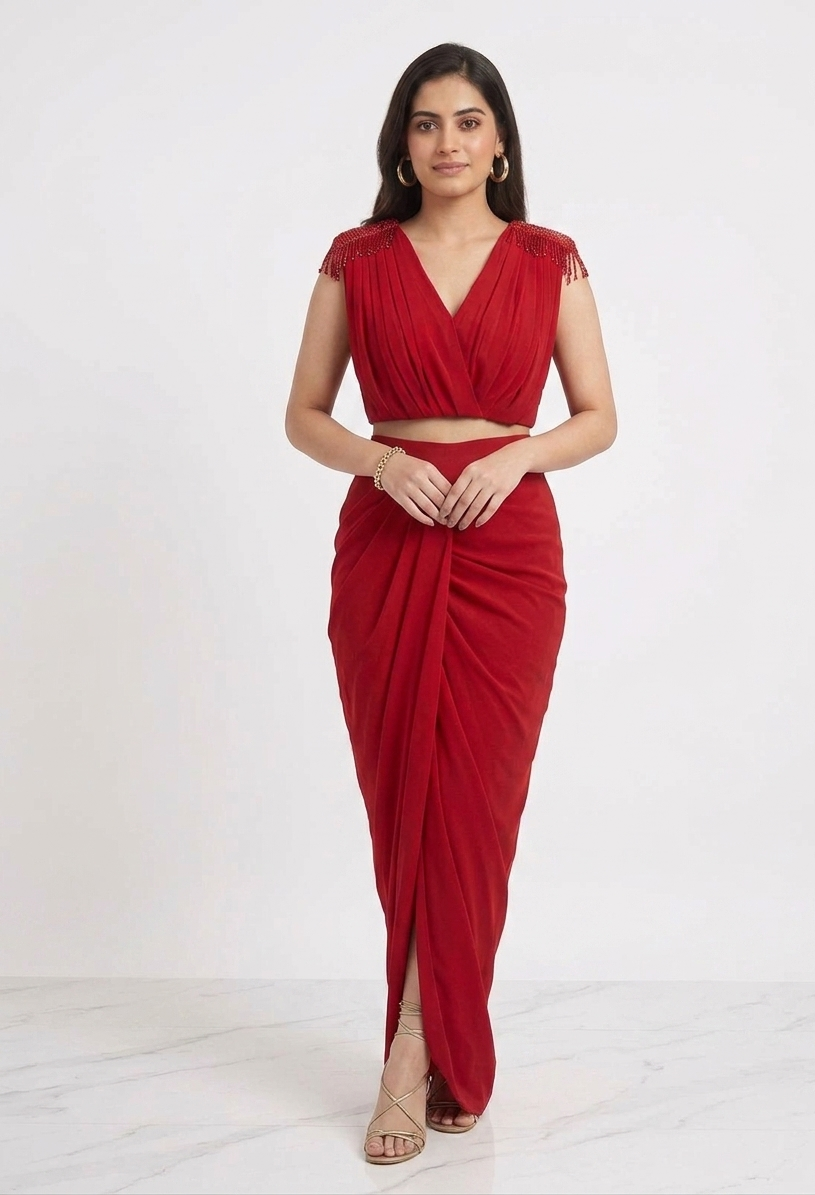 DIYA DRAPED SKIRT SET WITH TASSELS RED