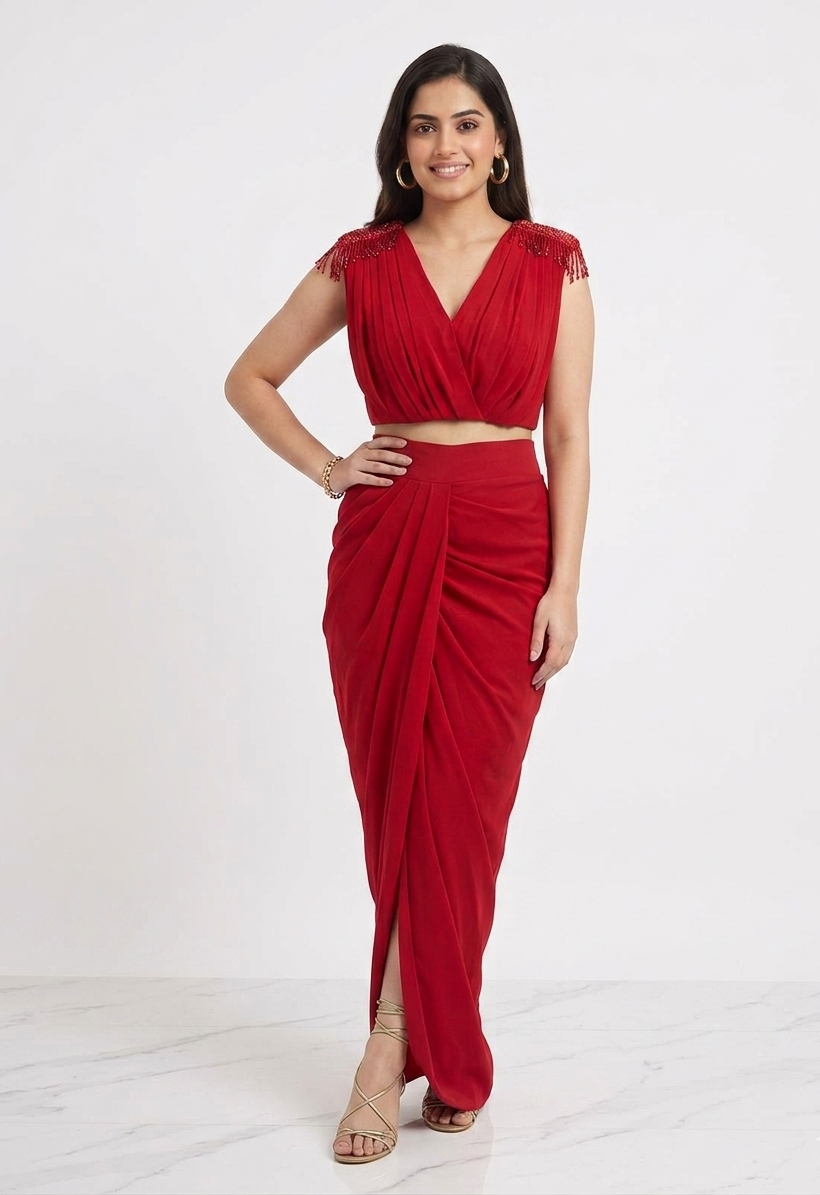 DIYA DRAPED SKIRT SET WITH TASSELS RED