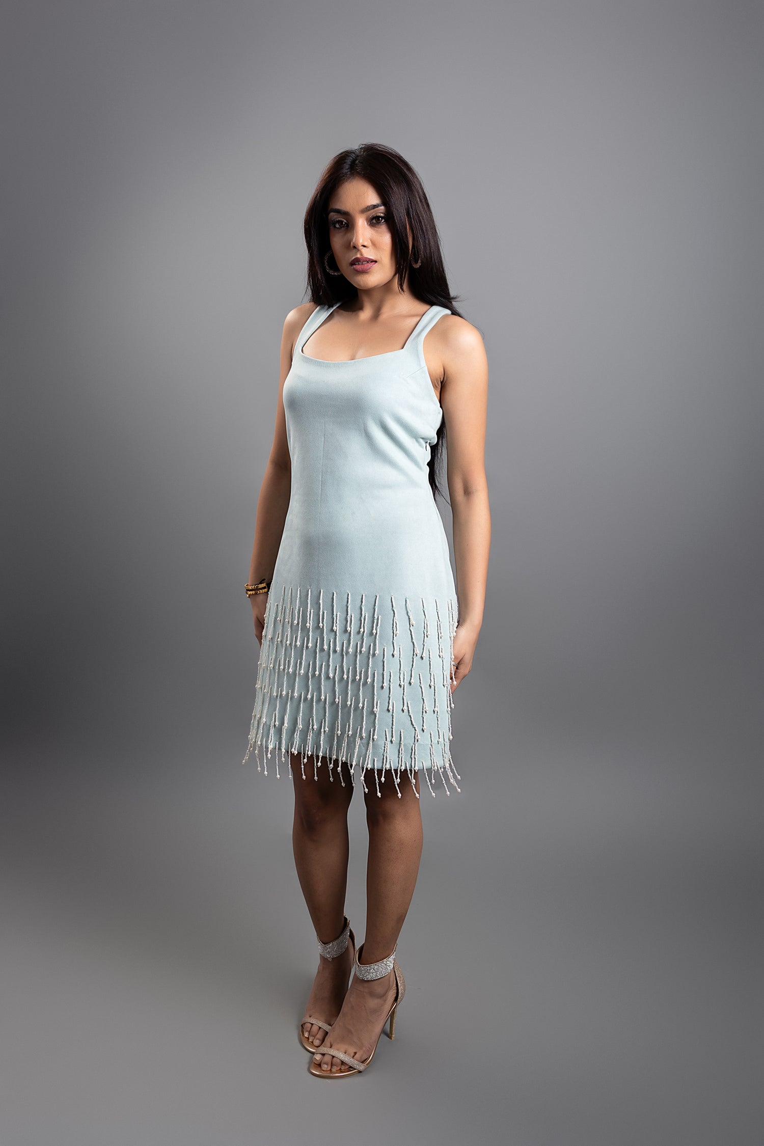 VEE PEARL TASSELS DRESS - Sage Green