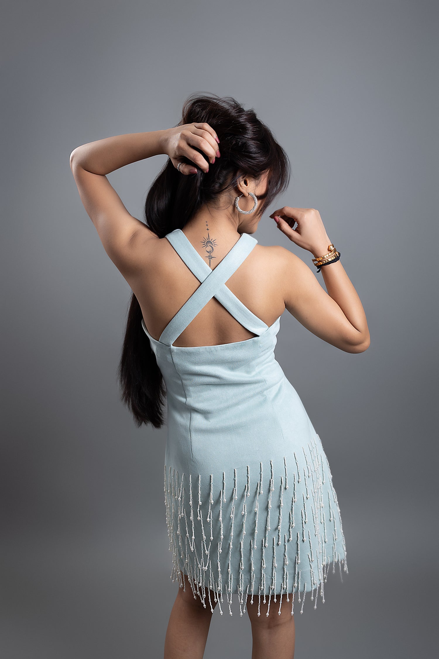 VEE PEARL TASSELS DRESS - Sage Green