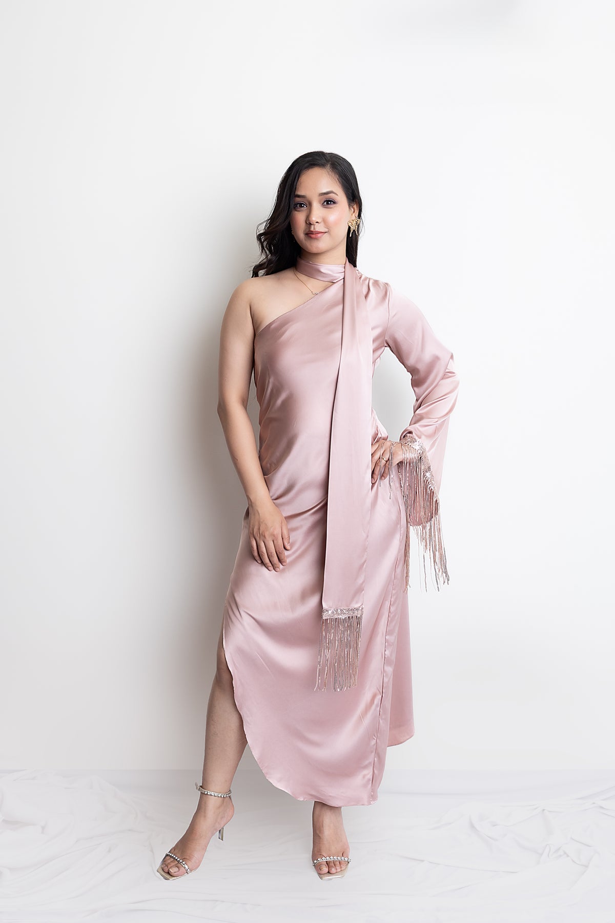 SANDRA ONE SHOULDER FRINGED SCARF DRESS - CHAMPAGNE