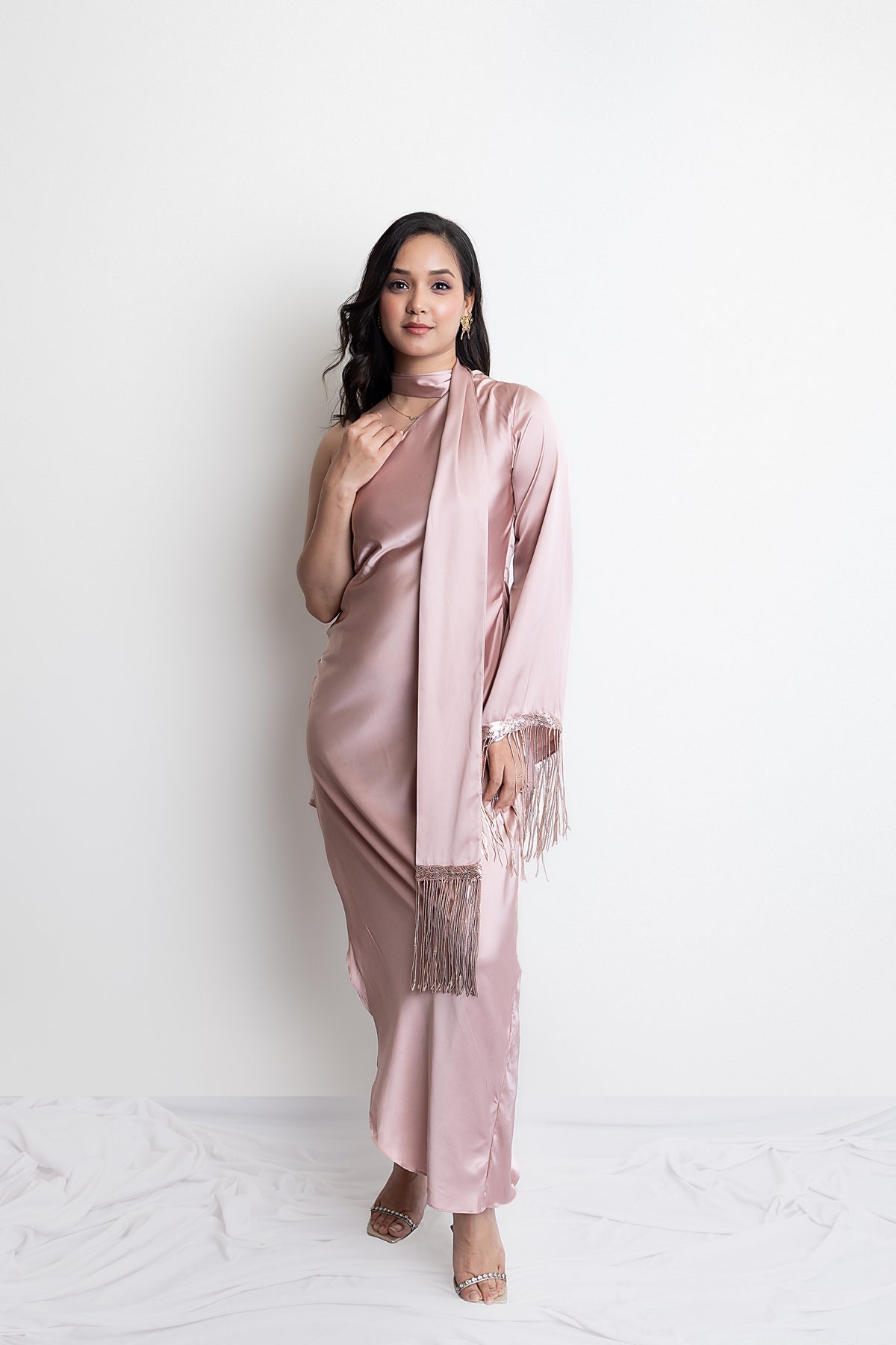 SANDRA ONE SHOULDER FRINGED SCARF DRESS - CHAMPAGNE