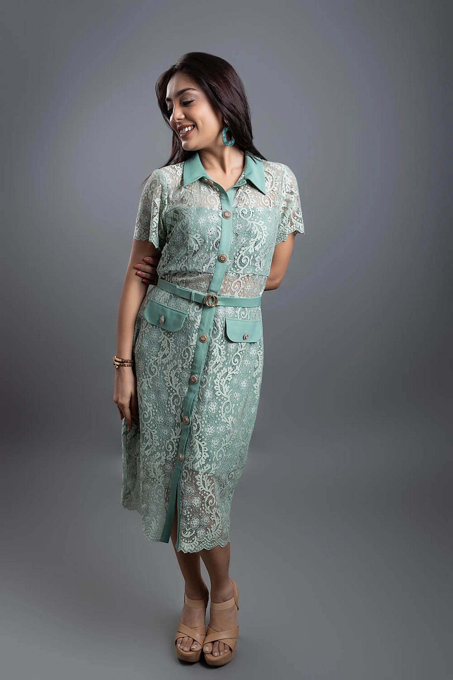 LISA LACE MIDI DRESS WITH BELT