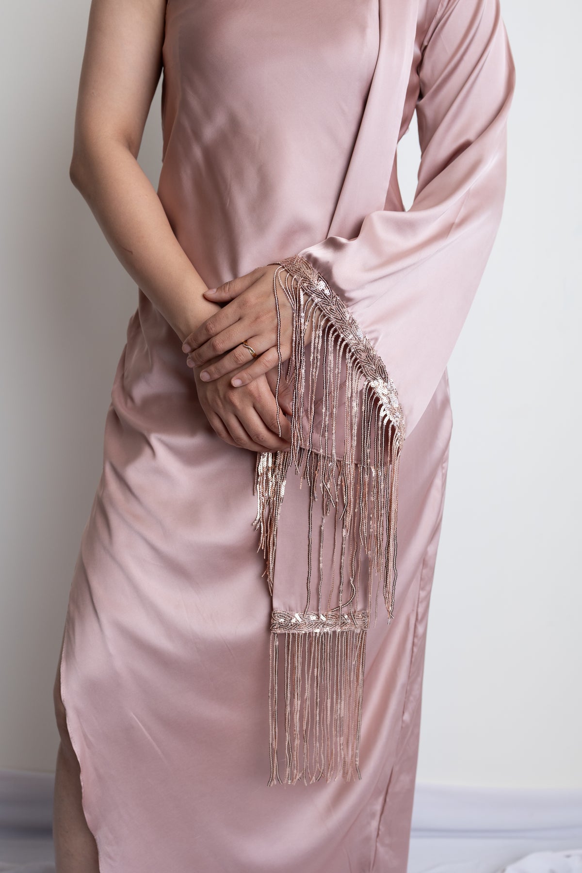 SANDRA ONE SHOULDER FRINGED SCARF DRESS - CHAMPAGNE