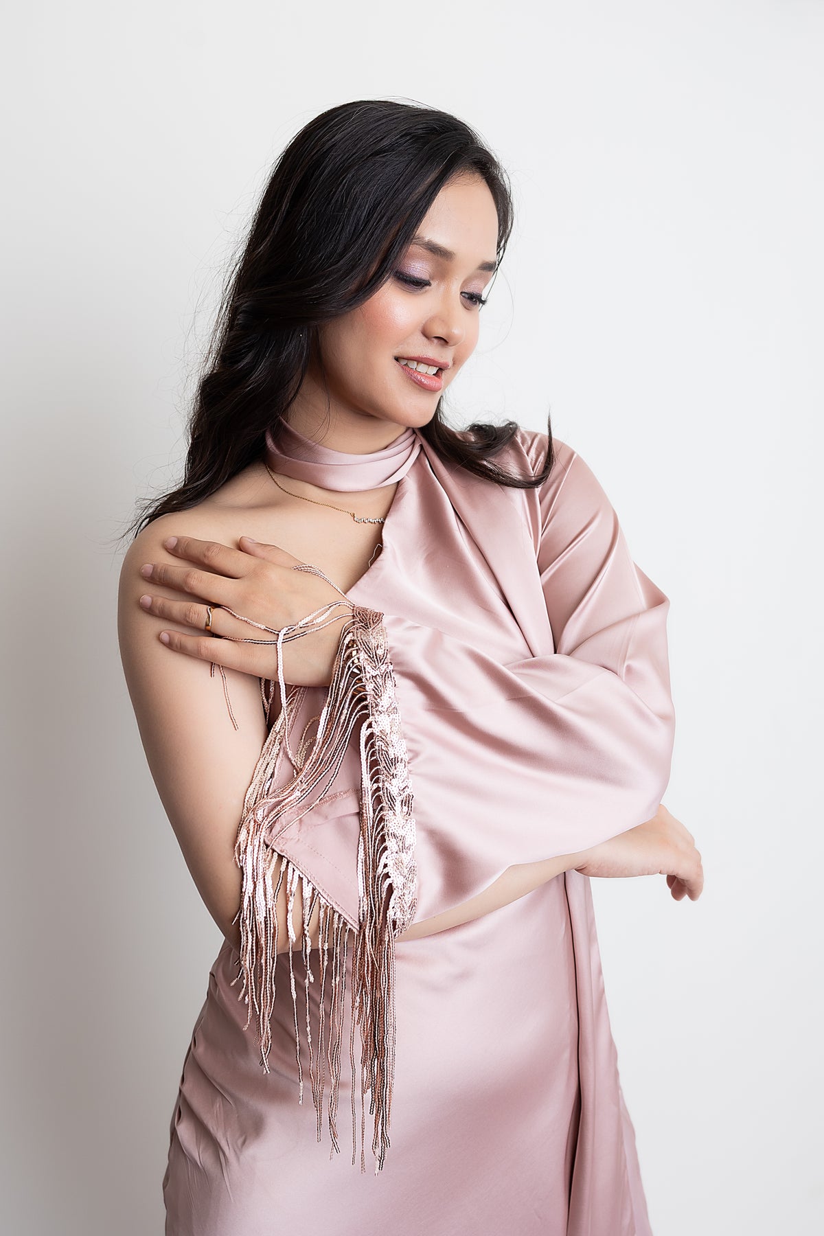 SANDRA ONE SHOULDER FRINGED SCARF DRESS - CHAMPAGNE