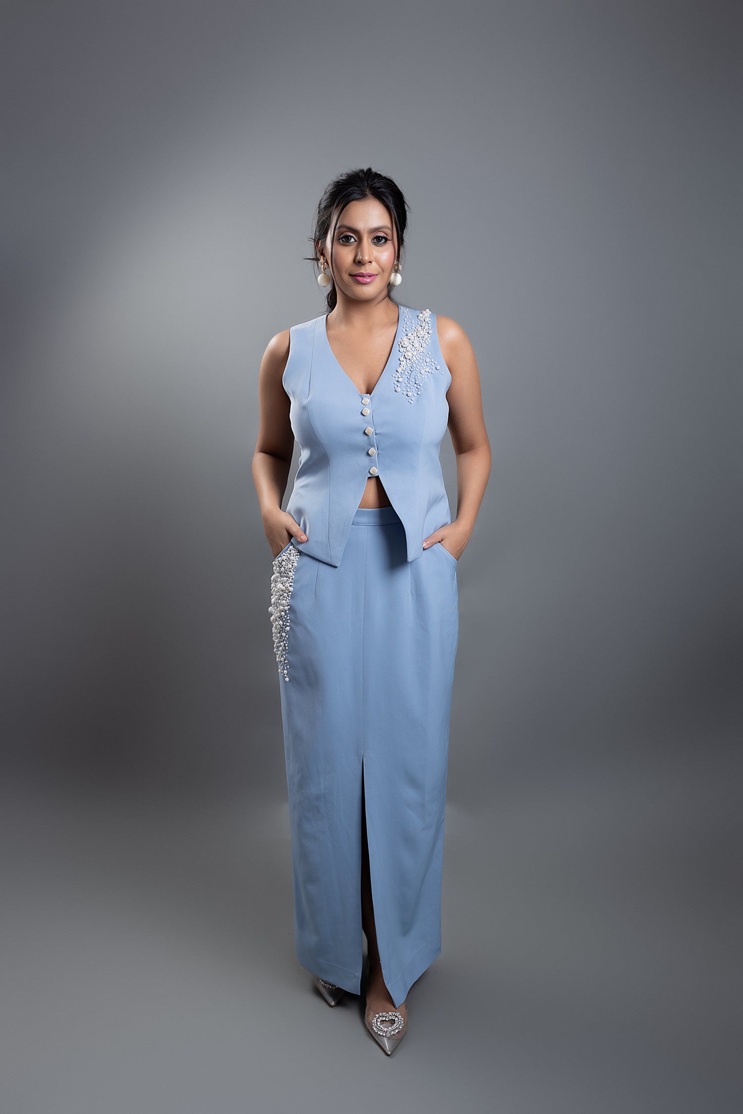 PERLA VEST SKIRT SET - Powder Blue
