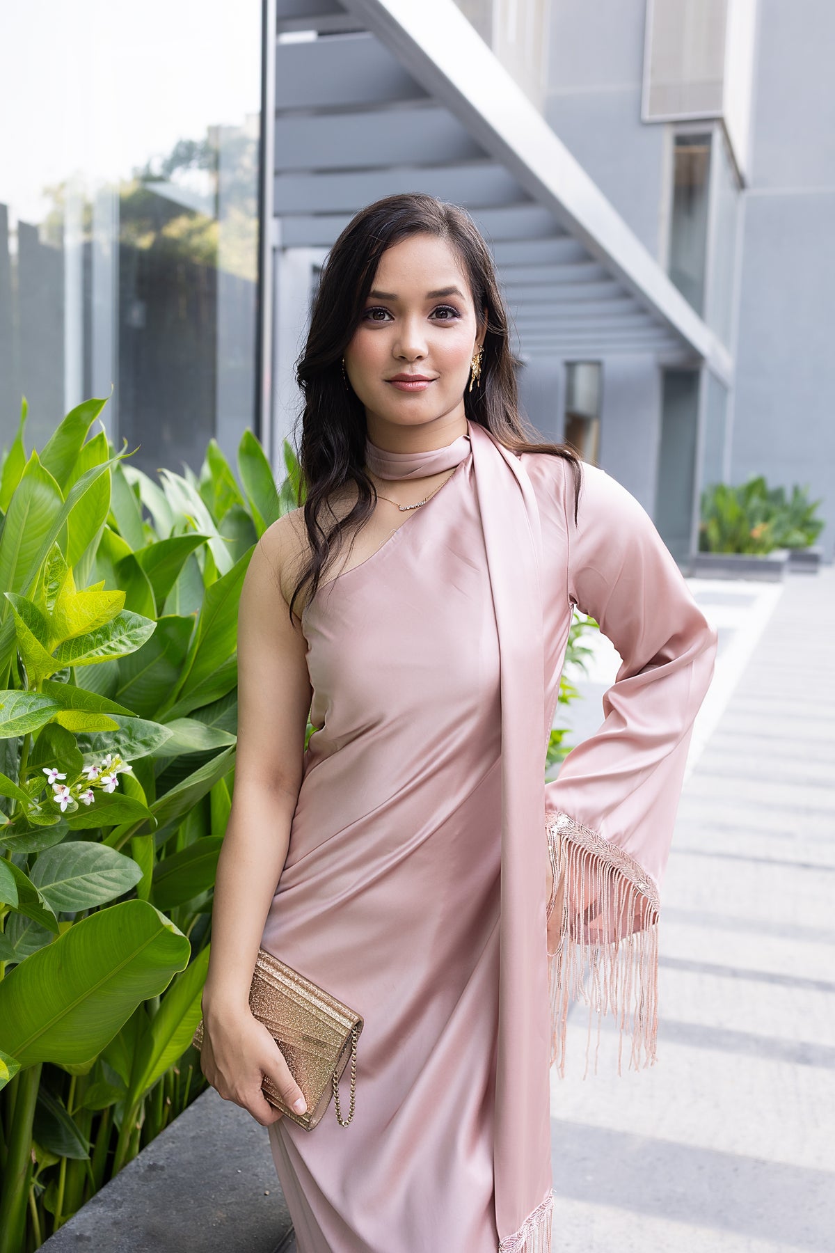 SANDRA ONE SHOULDER FRINGED SCARF DRESS - CHAMPAGNE