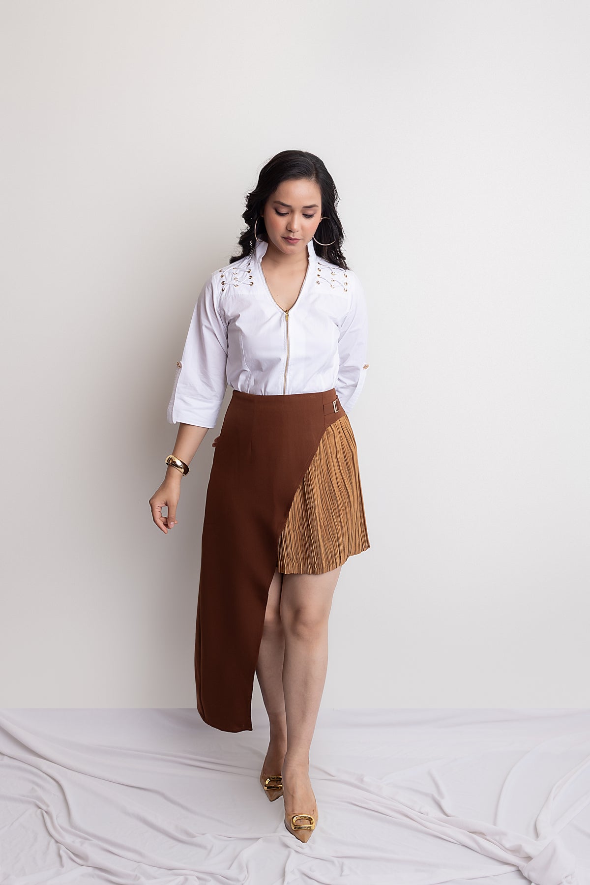 PRISHA SKIRT SET - White & Mocha Brown