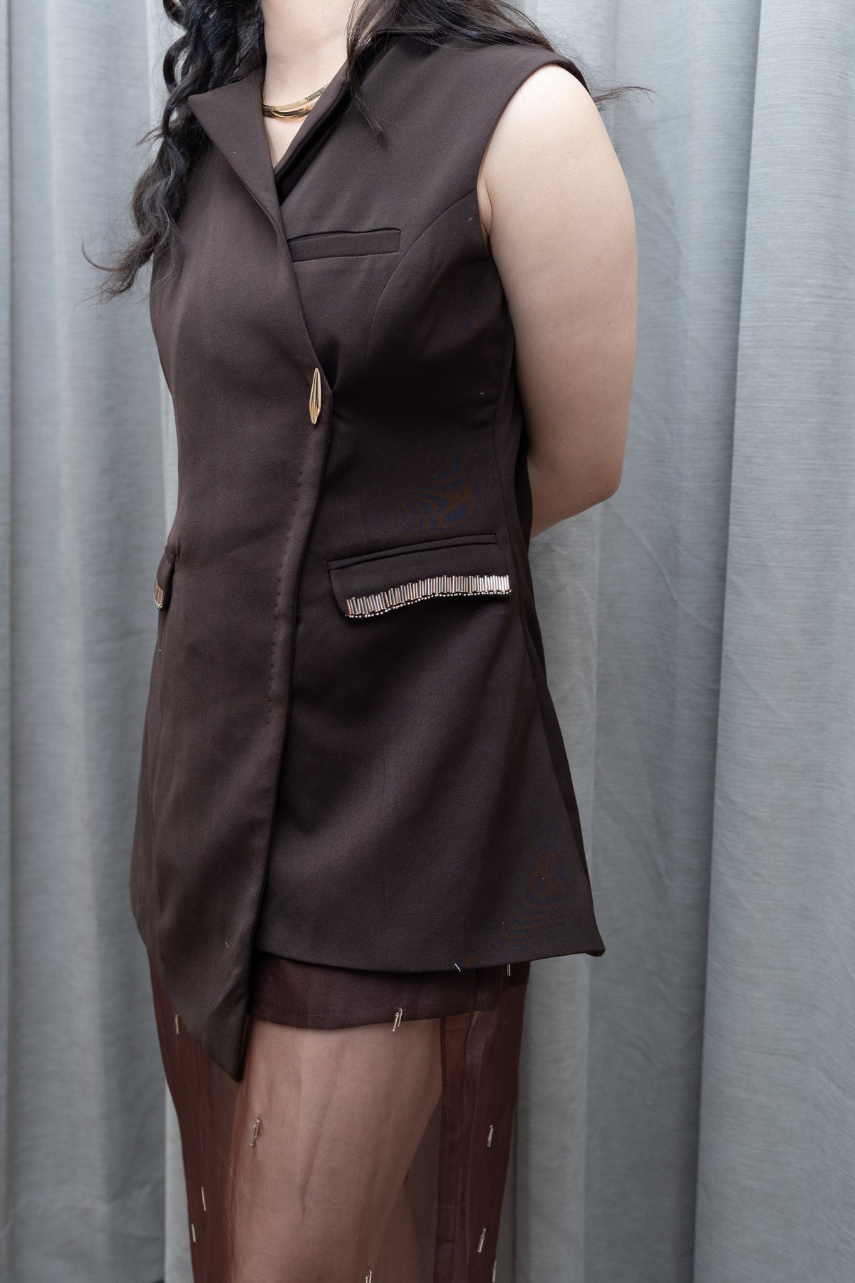EVA BLAZER DRESS WITH SHEER SKIRT - BROWN
